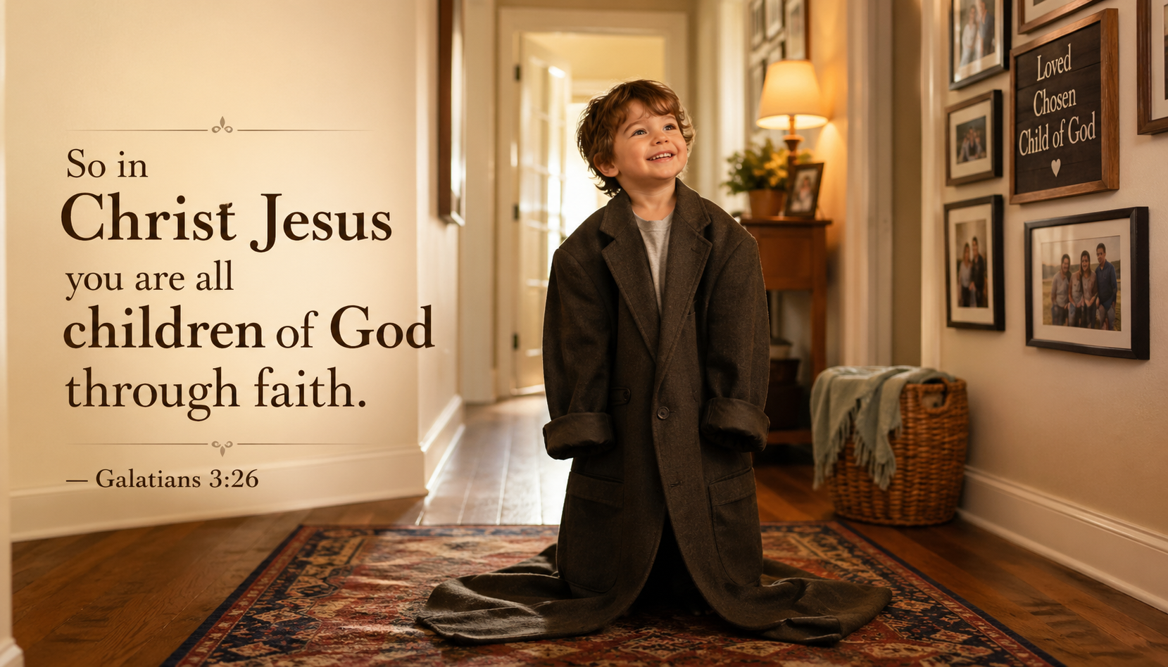 Small child wearing an oversized adult coat in a warm hallway with Galatians 3:26 verse about being children of God through faith